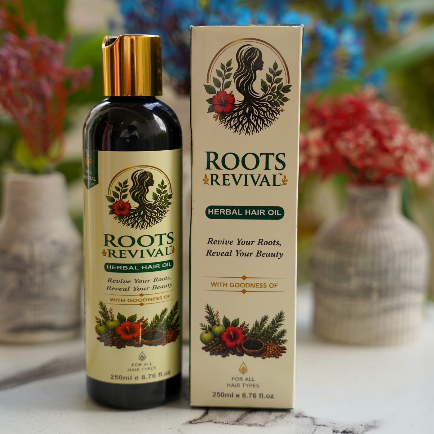 Roots Revival single 250ml herbal hair oil bottle with its printed box